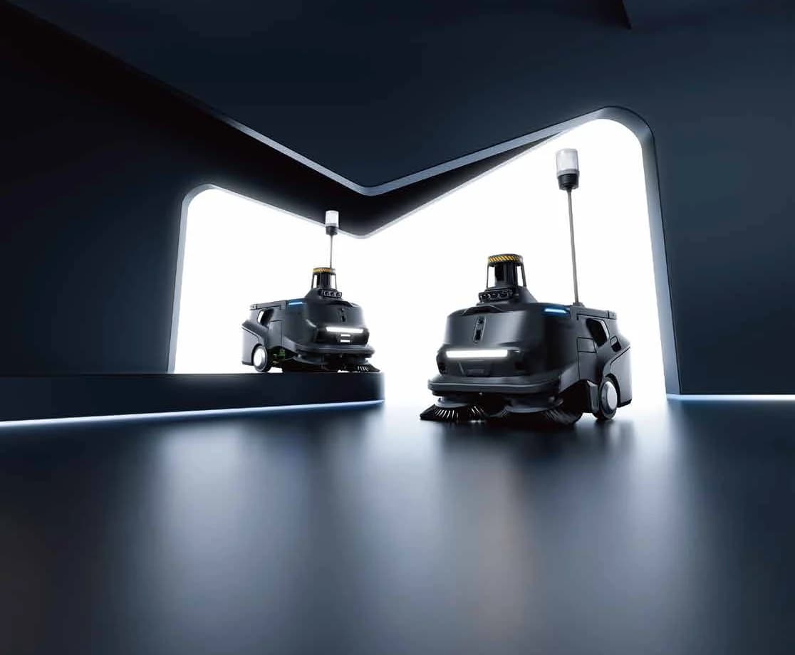 Deux PUDU MT1 Max, balayeuses robotiques à perception 3D — visuel officiel PUDU Robotics