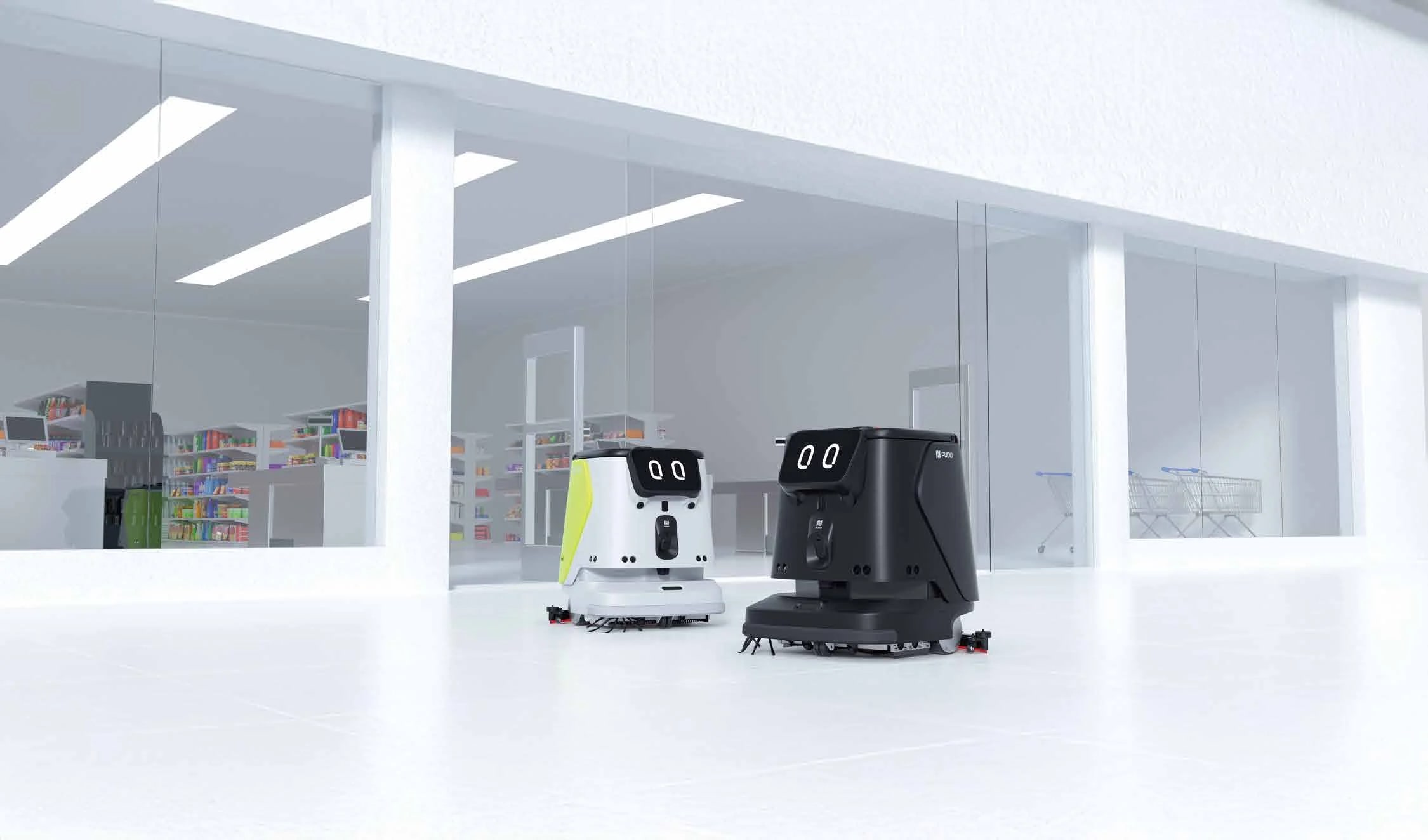 PUDU CC1 Pro (à droite) et CC1 dans un espace commercial — visuel officiel PUDU Robotics